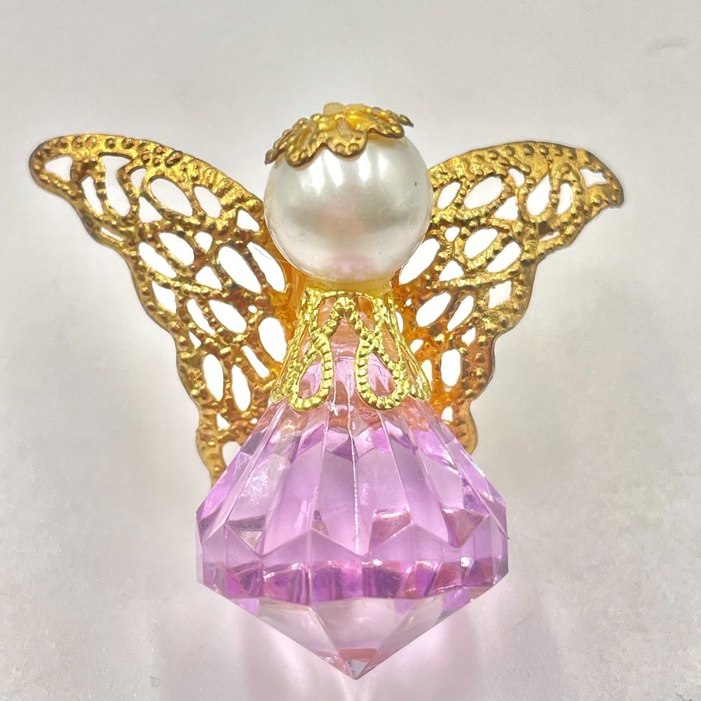 Vintage Y2K Gold Tone Pink Faux Crystal Guardian Angel Brooch Faux Pearl Pin